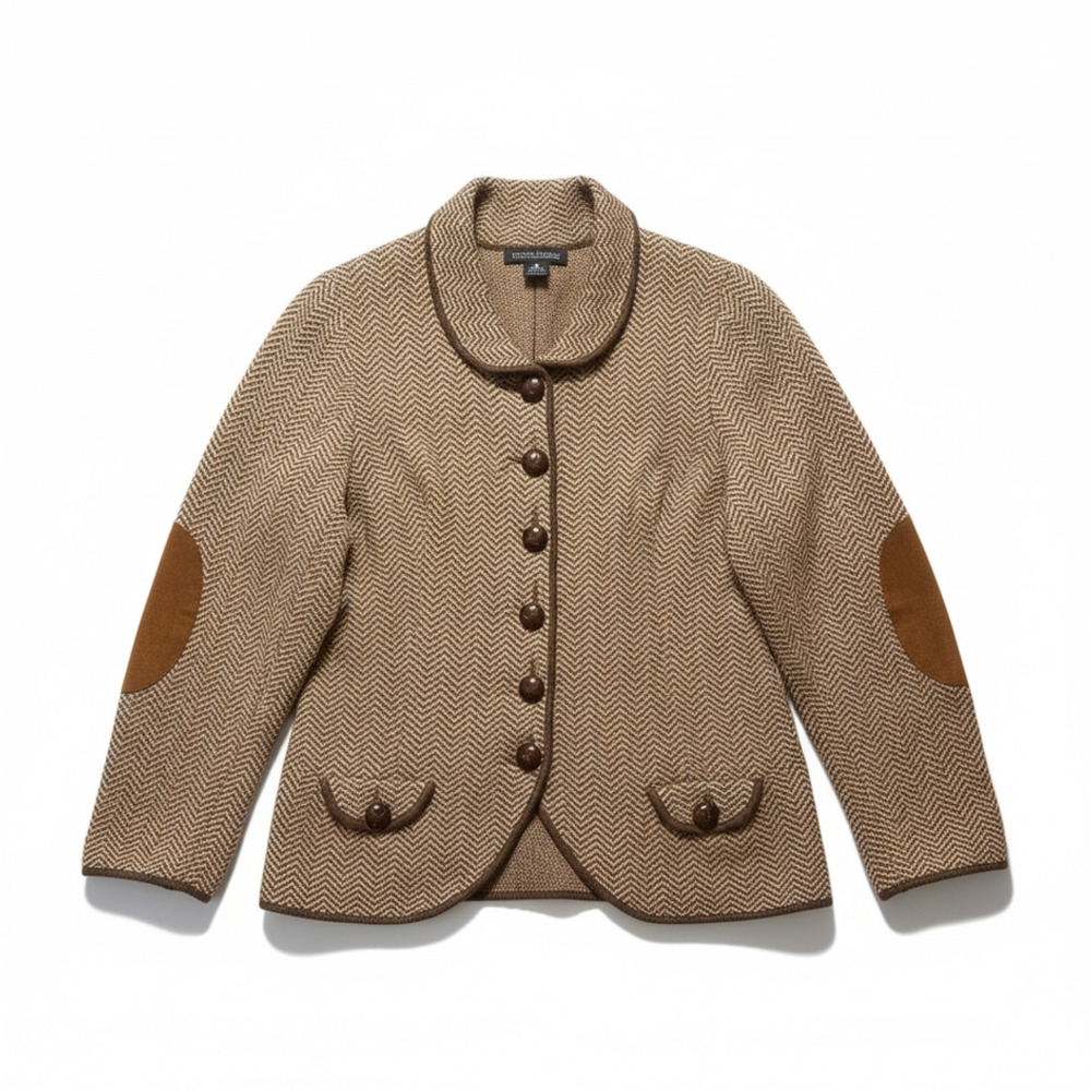 Chocolate Brown Herringbone 100% Wool Knit Cardigan M Suede Style Elbow Patches